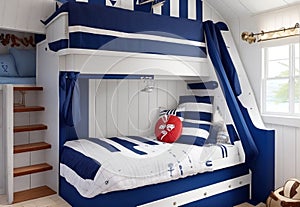 A nautical-themed bedroom with navy blue accents, ship-inspired decor,