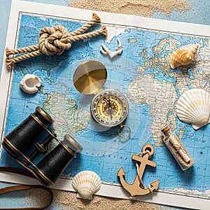 A brass compass, black binoculars, knotted rope, seashells, and a wooden