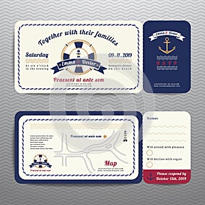 Nautical ticket wedding invitation and RSVP card with anchor rope design