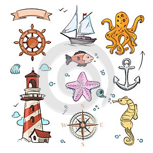 Nautical vector doodle design set with sea star, octopus, sailboat, anchor, compass and lighthouse