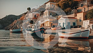 Nautical vessel moored on tranquil Asturias coastline at dusk generated by AI