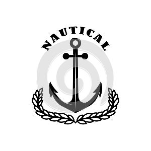 Nautical. Vintage emblem with wreath and anchor. Design element for emblem, sign, badge, logo.