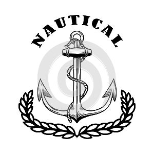 Nautical. Vintage emblem with wreath and anchor. Design element for emblem, sign, badge, logo.