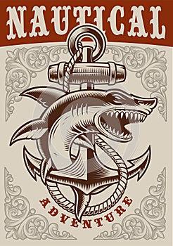Nautical vintage poster with anchor and shark