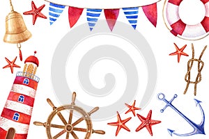 Nautical watercolor card with flags, starfishes, anchor, lighthouse, marine bell, knot, steering wheel and lifebuoy on white