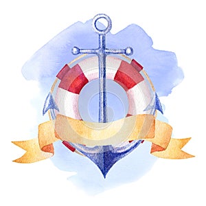 Nautical watercolor card with ship anchor, lifebuoy and ribbon on blue spot marine background