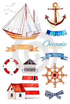 Ocean creature with anchor,lighthouse,ribbon and bow,bunting flags,sailboat