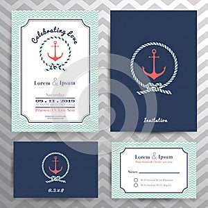 Nautical wedding invitation and RSVP card template set