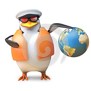 Nautical yachtsman penguin in sailor hat and lifejacket holds a globe of the Earth, 3d illustration