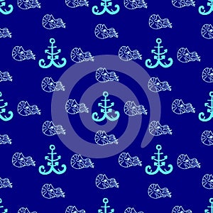 Nautilus marine mollusc, anchor seamless pattern