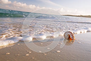 Nautilus sea shell in sea wave