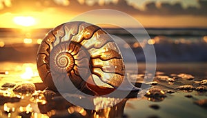 Nautilus Shel on beach with golden sunset background