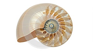 Nautilus shell cross-section showcasing its logarithmic spiral pattern. The outer shell