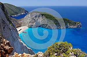 Summer landscape. Navagio Beach and Ionian Sea - Zakynthos Island - landmark attraction in Greece. Seascape