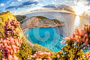 Navagio beach with shipwreck against colorful flowers on Zakynthos island, Greece