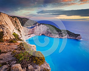 Navagio Beach (Shipwreck beach) at sunset on Zakynthos Island, Greece