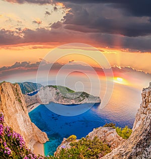 Navagio beach with shipwreck and flowers against sunset on Zakynthos island in Greece