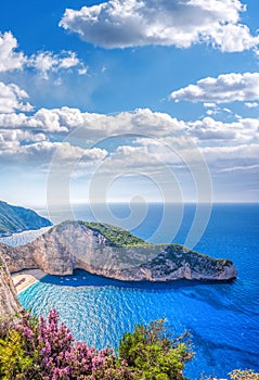 Navagio beach with shipwreck and flowers against sunset on Zakynthos island in Greece