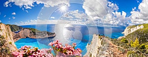 Navagio beach with shipwreck and flowers on Zakynthos island in Greece