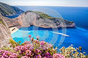 Navagio beach with shipwreck and flowers on Zakynthos island in Greece