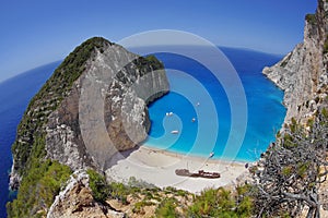 Navagio Beach - Zakynthos Island, landmark attraction in Greece. Summer landscape. Ionian Sea. Seascape