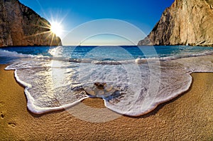 Navagio beach at sunset in Zakyntos island Greece