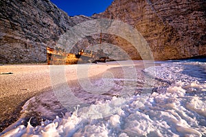 Navagio beach at sunset in Zakyntos island Greece