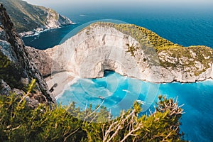 Navagio beach vintage look. Waved bay water and abandoned shipwreck on the beach. Zakynthos Island, Greece