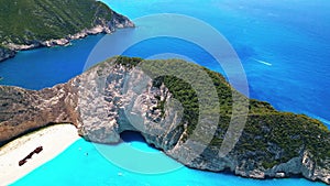 Navagio Beach, Zakynthos - Greece. Aerial drone view of famous Shipwreck Beach