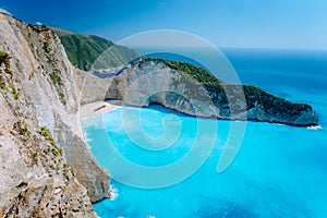 Navagio beach Zakynthos. Shipwreck bay with turquoise water and white sand beach. Famous marvel landmark location in