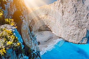 Navagio beach Zakynthos with shipwreck in the warm morning light. Greece