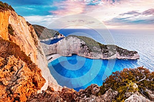 Navagio shipwreck beach in Zakynthos Greece at sunset