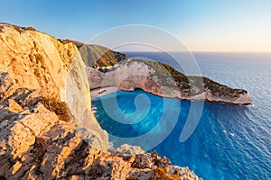 Navagio shipwreck beach în Zakynthos Greece at sunset