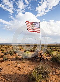 Navajo American flag - Monument Valley scenic panorama on the road - Arizona, AZ