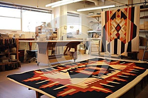 navajo rug in progress with geometric designs