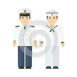 Naval captain and shipboy. Flat vector cartoon illustration