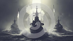 Naval Fleet Engaged in Missile Launch Operations. Generative ai