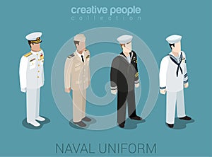 Naval military people in uniform flat style isometric icon set