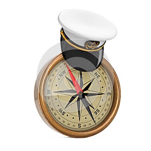 Naval Officer, Admiral, Navy Ship Captain Hat over Antique Vintage Brass Compass. 3d Rendering photo