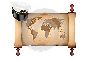 Naval Officer, Admiral, Navy Ship Captain Hat over Old Paper Scroll Parchment with World Map. 3d Rendering