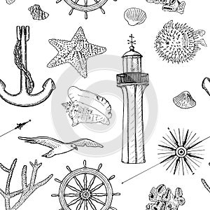 Naval seamless vector pattern set nautical silhouette symbols. Gulls, helm, steering wheel, anchor, light house, shell