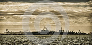 Naval Ships in Details Port in Sepia