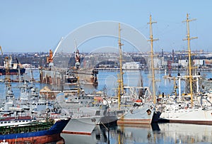 Naval ships moored in military harbor of Odessa, Ukraine