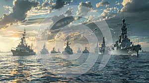 naval strength with a multitude of ships, showcasing the might of armed naval forces in an ultra-realistic depiction