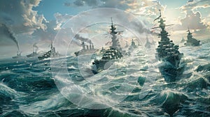 naval strength with a multitude of ships, showcasing the might of armed naval forces in an ultra-realistic depiction