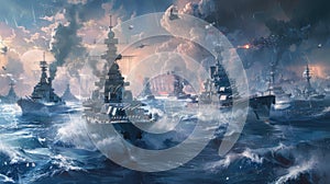 naval strength with a multitude of ships, showcasing the might of armed naval forces in an ultra-realistic depiction