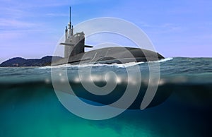 Naval submarine floating and half submerged in shallow water