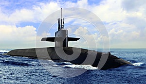 Naval submarine on open blue sea surface