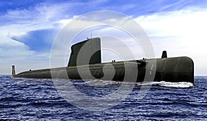 Naval submarine on open sea surface with cloudy blue sky photo