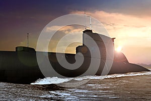 Naval submarine at sea during sunset